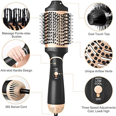 Perie Uscător de Păr 2 în 1, Uscător și Stilizator de Păr Upgradat 4 în 1 cu Volum, cu Ioni Negativi Anti-Frizz și Barel Ceramico-Titanic, Perie cu Aer Cald pentru Îndreptarea Părului, Aurie, Mare [2]