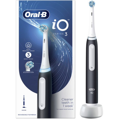 Igiena Orala - Periuta de dinti electrica Oral-B iO3 cu Tehnologie Magnetica si Micro-Vibratii, Senzor de presiune Smart, 3 moduri, 1 capat, Negru