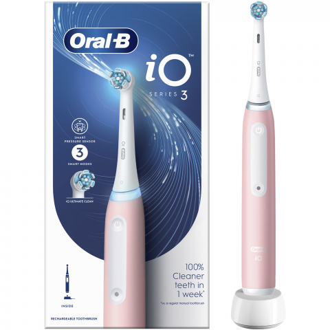 Igiena Orala - Periuta de dinti electrica Oral-B iO3 cu Tehnologie Magnetica si Micro-Vibratii, Senzor de presiune Smart, 3 moduri, 1 capat, Roz