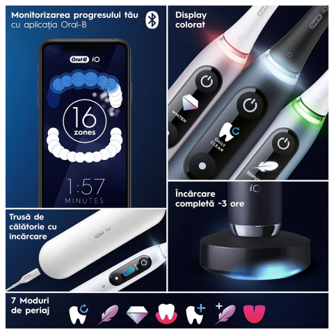 Periuta de dinti electrica Oral-B iO9 cu Tehnologie Magnetica si Micro-Vibratii, Inteligenta artificiala, Display led, Senzor de presiune Smart, 7 moduri, 1 capat, Suport rezerve, Trusa de calatorie c [6]