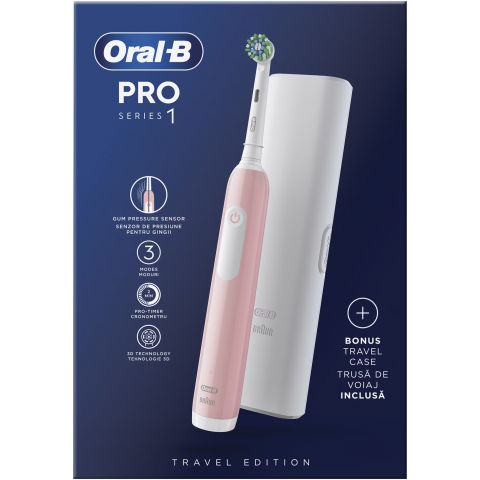 Periuta de dinti electrica Oral-B Pro 1, Curatare 3D, 1 program, 1 capat de periaj, trusa de calatorie, Roz [2]