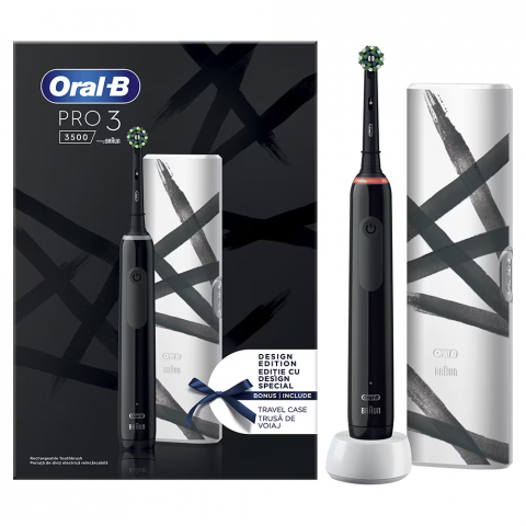 Igiena Orala - Periuta de dinti electrica Oral-B Pro 3 3500, Curatare 3D, 3 programe, 1 Incarcator, 1 Capat, Trusa de calatorie, Negru