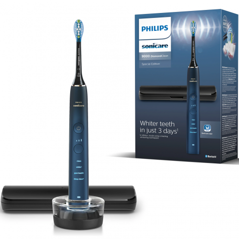 Igiena Orala - Periuta de dinti electrica Philips Sonicare DiamondClean 9000 HX9911/88, 62000 miscari/min, 4 moduri de curatare, 3 nivele intensitate, senzor presiune, functia BrushSync, aplicatie Sonicare, wireless