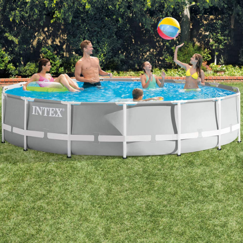 Piscina rotunda cu cadru metalic Prism Frame Premium Intex 26724NP, D457xH107 cm, include pompa cu filtru (debit 3.785 l), scara acces, protectie baza piscina si prelata acoperire piscina [1]
