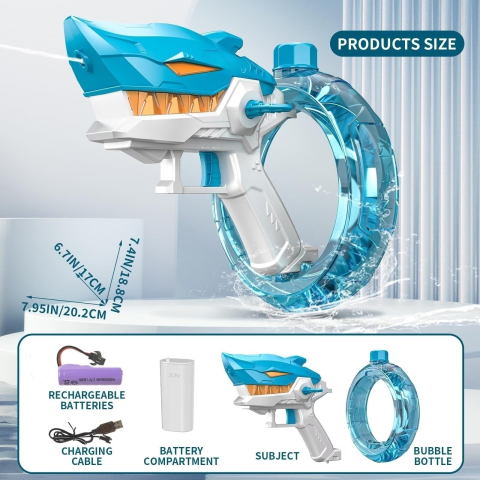 Pistol cu Apa Electric, Tip Rechin, 300CC, Rezervor mare, Distanta de Tragere pana la 8m, Baterie si Incarcator incluse, Albastru [2]
