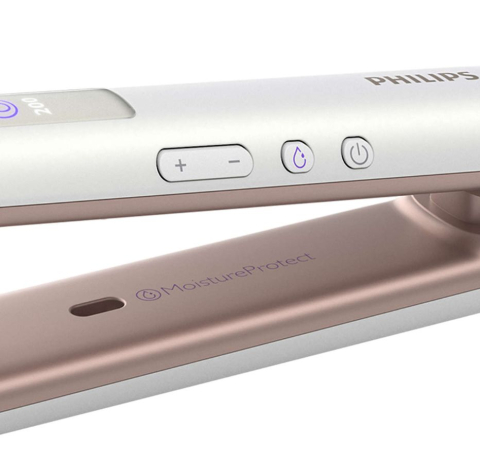Placa de indreptat parul Philips HP8374/00, senzor Moisture Protect, placi titan, ioni, 200°C, 3 setari de temperatura, Alb/Roz [1]