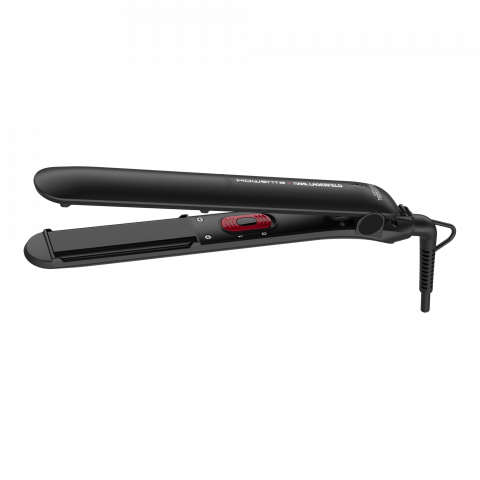 Placi de Par - Placa de indreptat parul Rowenta EasyLiss Karl Lagerfeld SF161LF0, Ceramic Tourmaline, 200 °C, placi inteligente, functie Straight & Curl, incalzire rapida, cablu 1.8m, negru&rosu