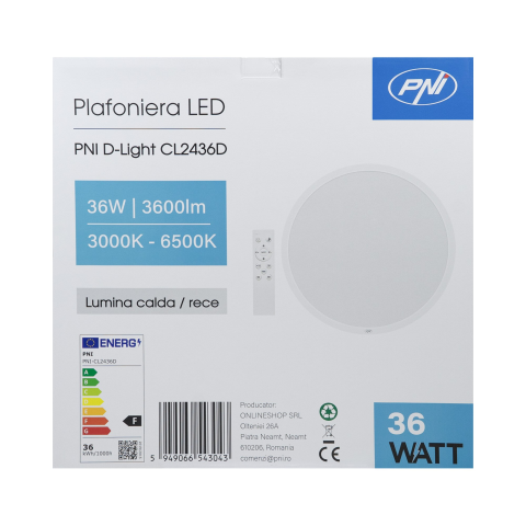 Plafoniera LED PNI D-Light CL2436D 36W, dimabila, cu telecomanda, rotunda 41cm, 3000K-6500K, alimentare 230V, 3600 lm, alb [2]