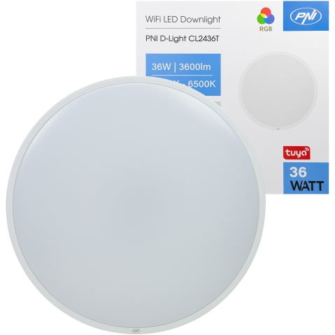 ELECTROCASNICE - RESIGILATE - Plafoniera LED PNI D-Light CL2436T Wi-Fi, RGBW, 36W, dimabila, rotunda 41 cm, 3000K-6500K, alimentare 230V, 3600 lm, alb, control din Tuya app