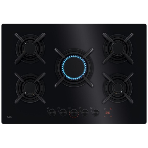 HOTE SI PLITE ELECTRICE - Plita incorporabila AEG HKB75453NB, 5 arzatoare, Aprindere electrica, Gratare fonta, Timer electronic, 75 cm, Negru