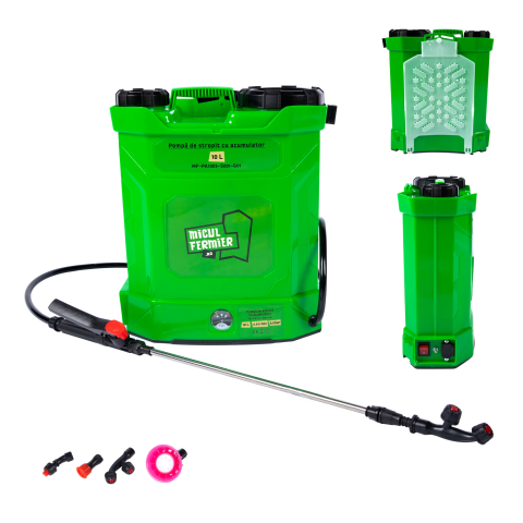 CURTE SI GRADINARIT - Pompa de stropit cu presiune pe acumulator Micul Fermier MF-PA1003-S001-G01, 12 V 8.0 Ah, rezervor tip rucsac 10 L, debit 2.9 l/min, presiune maxim 5.5 bar, lance telescopica otel 45 - 77 cm, include: