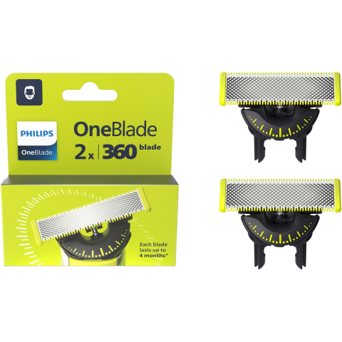 APARATE DE TUNS SI RAS - Rezerva PHILIPS OneBlade 360, QP420/50, otel inoxidabil, umed si uscat, kit 2 lame, pentru orice model PHILIPS OneBlade si OneBladePro, Verde