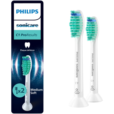 IGIENA ORALA - Rezerve Philips Sonicare Pro Results HX6012/87, pachet de 2 capete de periere, Standard, click-on, sincronizarea modurilor BrushSync, Alb