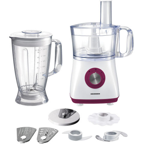 FIARE SI STATII DE CALCAT - Robot de bucatarie Heinner Charm HFP-750BG, 750 W, Bol 1.2 L, Blender 1.8 L, 4 discuri, Alb/Visiniu