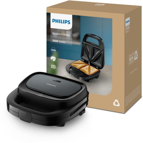 ARTICOLE DIVERSE - Sandwich-maker Philips HD2331/90 Seria 3000, 750W, pentru sandwich-uri triunghi, plite neaderente,comutator pornit/oprit, lumini indicatoare, sistem de blocare rapida