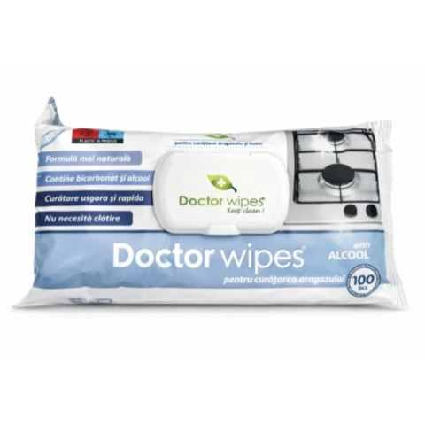 CURATENIE SI INGRIJIRE - Servetele umede cu Alcool & Bicarbonat, pentru curatarea chuivetei, aragazului, hotei, frigiderului, 25x22 cm, Doctor Wipes, 100 bucati