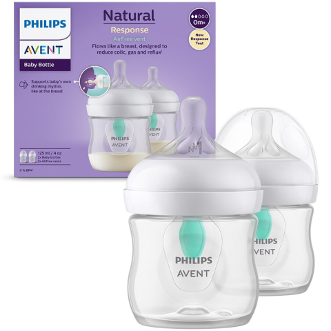 Set 2 biberoane Philips Avent Natural Response SCY670/02, cu dispozitiv anticolici AirFree, 125 ml, tetina care functioneaza ca sanul mamei, cu debit 2, tetina fara scurgeri, +0 luni, fara BPA, usor d [1]