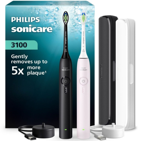 IGIENA ORALA - Set 2 periute electrice Philips Sonicare HX4072/42 Seria 3100, 1 mod, 3 intensitati, 2 x capete de periere Optimal White, 2 x toc de calatorie, negru si roz