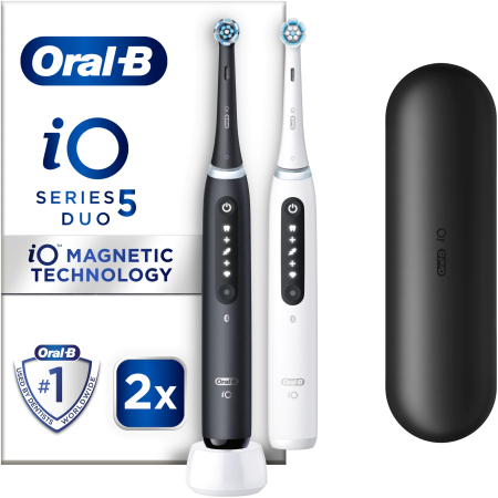 Igiena Orala - Set 2 x Periuta de dinti electrica Oral-B iO5 cu Tehnologie Magnetica si Micro-Vibratii, Inteligenta artificiala, Display conversational, Senzor de presiune Smart, 5 moduri, 2 capete, 1 incarcator, Al
