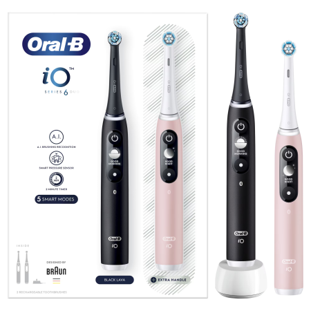 Igiena Orala - Set 2 x Periuta de dinti electrica Oral-B iO6, cu Tehnologie Magnetica si Micro-Vibratii, Inteligenta artificiala, Display led interactiv, Senzor de presiune Smart, Timer vizibil, 5 moduri, 1 capat, N
