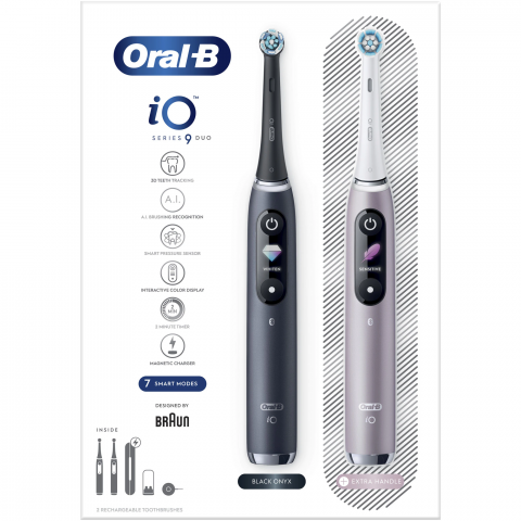 Set 2 x Periuta de dinti electrica Oral-B iO9 cu Tehnologie Magnetica si Micro-Vibratii, Inteligenta artificiala, Display led, Senzor de presiune Smart, Timer vizibil, 7 moduri, 1 incarcator magnetic, [1]