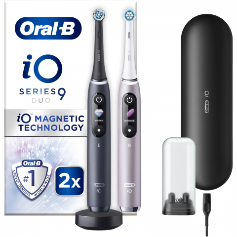 Igiena Orala - Set 2 x Periuta de dinti electrica Oral-B iO9 cu Tehnologie Magnetica si Micro-Vibratii, Inteligenta artificiala, Display led, Senzor de presiune Smart, Timer vizibil, 7 moduri, 1 incarcator magnetic,