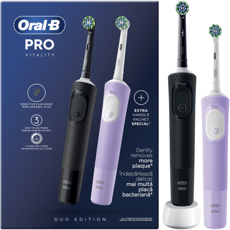 Igiena Orala - Set 2 x Periuta de dinti electrica Oral-B Vitality Pro, Curatare 2D, 3 programe, 1 Incarcator, 2 Capete, Negru/Violet