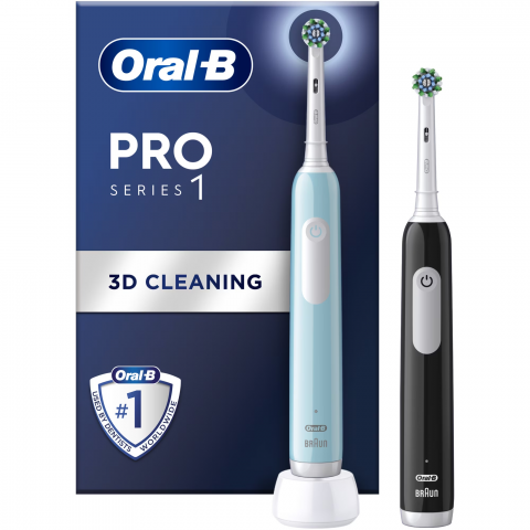 Igiena Orala - Set 2x Periuta de dinti electrica Oral-B Pro 1, Curatare 3D, 3 programe, 1 capat de periaj, Negru/Albastru
