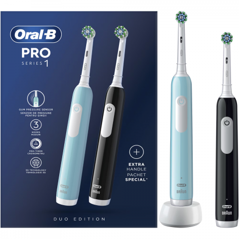 Set 2x Periuta de dinti electrica Oral-B Pro 1, Curatare 3D, 3 programe, 1 capat de periaj, Negru/Albastru [1]