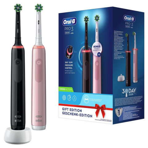 Igiena Orala - Set 2x Periuta de dinti electrica Oral-B Pro 3 Cross Action, Curatare 3D, 3 programe, 1 capat, Negru/Roz