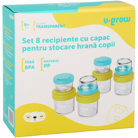 SANATATE SI WELLNESS - Set 8 recipiente cu capac pentru stocare hrana copii U-Grow, 4x80ml + 4x220ml