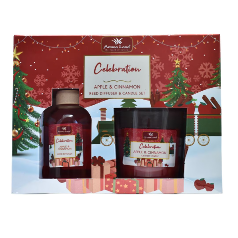 Odorizanti si Uleiuri parfumate - Set aromaterapie Reed Diffuser & lumanare parfumata, Mar si Scortisoara, Celebration, Aroma Land