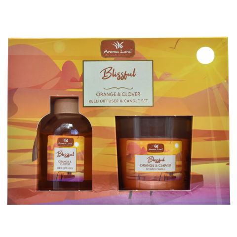 Odorizanti si Uleiuri parfumate - Set aromaterapie Reed Diffuser & lumanare parfumata Portocala si Cuisoare, Blissful, Aroma Land