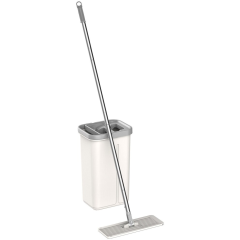 SANITARE - RESIGILATE - Set de curatenie Kring New Clear, 5.7L, galeata doua compartimente ( clatire + stoarcere), maner telescopic si mop plat + o rezerva, Alb/Gri