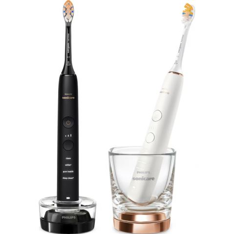 Igiena Orala - Set de doua periute sonice Philips Sonicare HX9914/69 Diamond Clean 9000 HX9914/69, 4 moduri de periere, 3 intensitati, 1 suport, 1 pahar, alb/negru/auriu