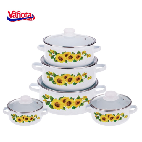 TIGAI SI VASE PENTRU GATIT - Set gatit 10 piese Vanora Home Sun Flower, otel carbon, acoperire email, 16/18/20/22/24 cm, 1/1.5/2/3/4 L