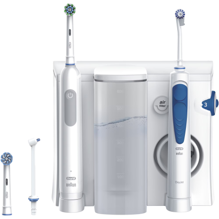 Set irigator bucal Oral-B Oral Health Center + Periuta de dinti electrica Pro Series 1, 5 program de presiune, 1 duza Oxyjet, 1 duza cu jet de apa, Curatare 3D, 2 capete, Alb [2]