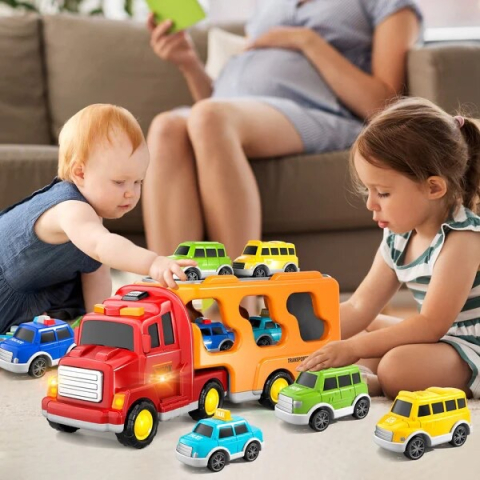 Set Masinute de Jucarie, cu Tragere Inapoi, Luminite si Sunete, Camion, Masina de Politie, Autobus, Taxi si SUV [2]