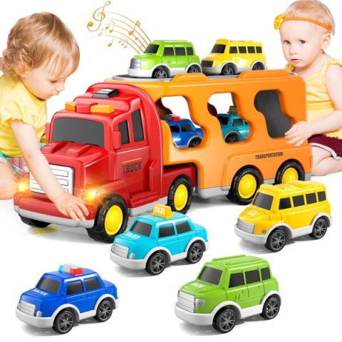 JUCARII - Set Masinute de Jucarie, cu Tragere Inapoi, Luminite si Sunete, Camion, Masina de Politie, Autobus, Taxi si SUV