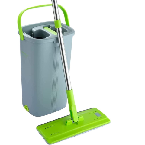 SANITARE - RESIGILATE - Set mop si galeata, EasyGleam, mop plat cu maner din otel inoxidabil, galeata inovatoare cu doua camere pentru utilizare umeda si uscata, 1 Rezerva