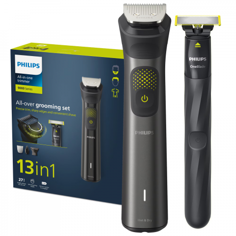 Aparate de Tuns si Ras - Set OneBlade & Aparat de tuns barba si parul 13 in 1 PHILIPS Multigroom All in One MG9530/15, tehnologie BeardSense si OneBlade, lame din otel cu auto-ascutire, 27 setari de lungime, rezistent la apa,