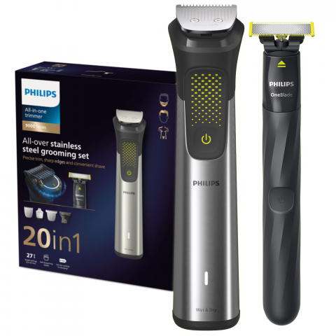 Aparate de Barbierit - Set OneBlade & Aparat de tuns barba si parul 20 in 1 PHILIPS Multigroom All in One MG9553/15, tehnologie BeardSense si OneBlade, lame din otel cu auto-ascutire, 27 setari de lungime, rezistent la apa,