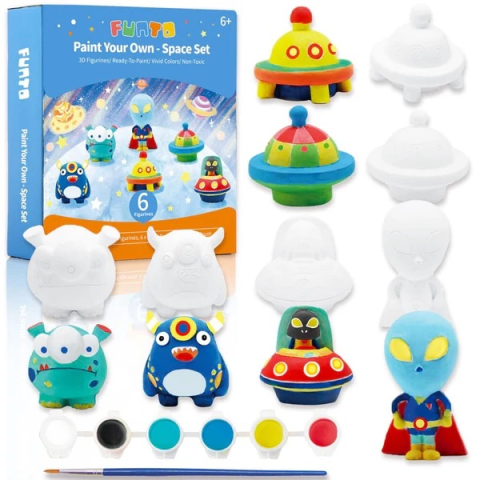 JUCARII - Set Pictura cu 6 figurine din Ipsos, Extraterestrii in spatiu, 6 Culori, Pensula, Non-toxic