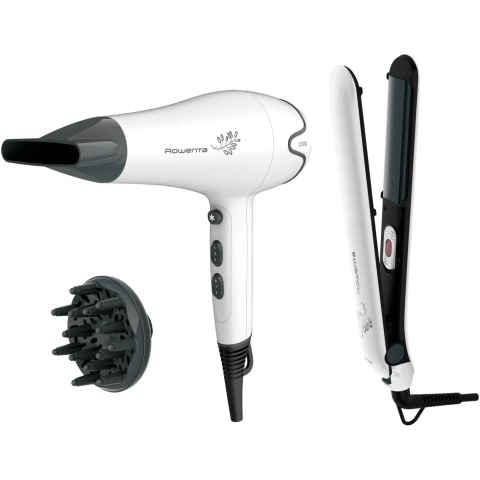 Articole Hair-Styling - Set uscator de par si placa de indreptat parul Rowenta Pure Collection YD3057F0, 2200W, uscator cu concentrator, difuzor, jet de aer rece, 3 trepte temperatura si 2 viteza, placa cu invelis ceramic si