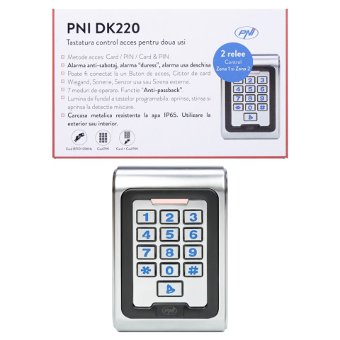 RESIGILATE - Tastatura control acces PNI PNI-DK220, stand alone, IP 65, cu 2 relee, negru/argintiu