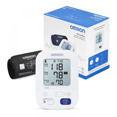 Articole Sanatate si Wellness - Tensiometru automat OMRON M3 Comfort cu manseta de brat IntelliWrap, Afisaj LCD, Functie de memorare pentru 2 utilizatori, Alb