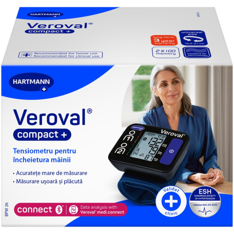 Tensiometru de incheietura complet automat, cu conexiune Bluetooth, Veroval compact BPW26, Validat clinic, Detecteaza bataile neregulate ale inimii si pulsul neregulat, Metoda oscilometrica, Ecran LCD [1]