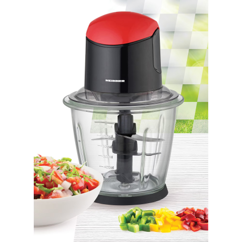 Tocator de legume Heinner, HMC-K500BKR, bol sticla 1.5L, 3 cutite din inox, angrenaj metalic, baza anti-alunecare, sistem de siguranta, putere: 500W, culoare negru cu rosu [1]