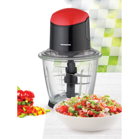 Tocator de legume Heinner, HMC-K500BKR, bol sticla 1.5L, 3 cutite din inox, angrenaj metalic, baza anti-alunecare, sistem de siguranta, putere: 500W, culoare negru cu rosu [2]
