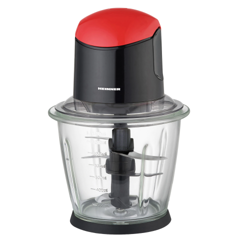 ELECTROCASNICE - RESIGILATE - Tocator de legume Heinner, HMC-K500BKR, bol sticla 1.5L, 3 cutite din inox, angrenaj metalic, baza anti-alunecare, sistem de siguranta, putere: 500W, culoare negru cu rosu
